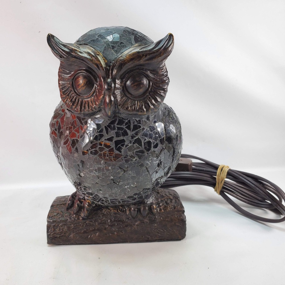 Mosaic Glass Owl Accent Lamp Black Bronze Crackle Glass Whimsigoth Decor